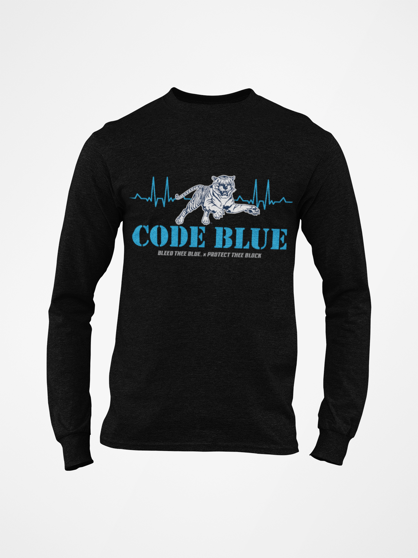 Black long sleeve crewneck T-shirt with “CODE BLUE” wolf heart-rate graphic