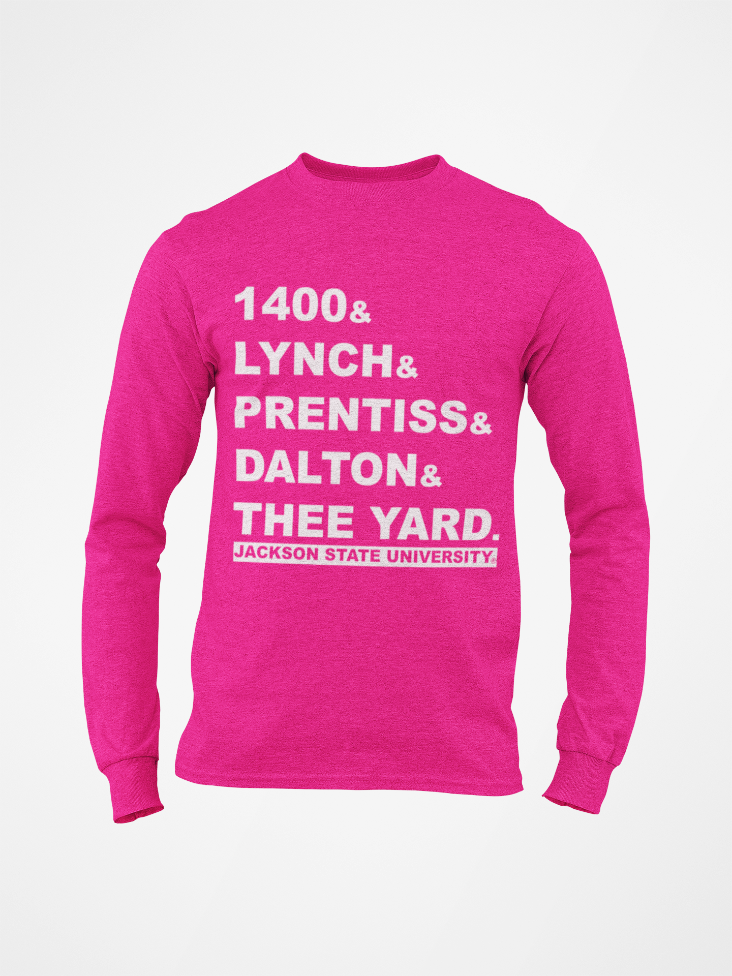 Pink long-sleeve crew neck T-shirt with front block slogan graphic