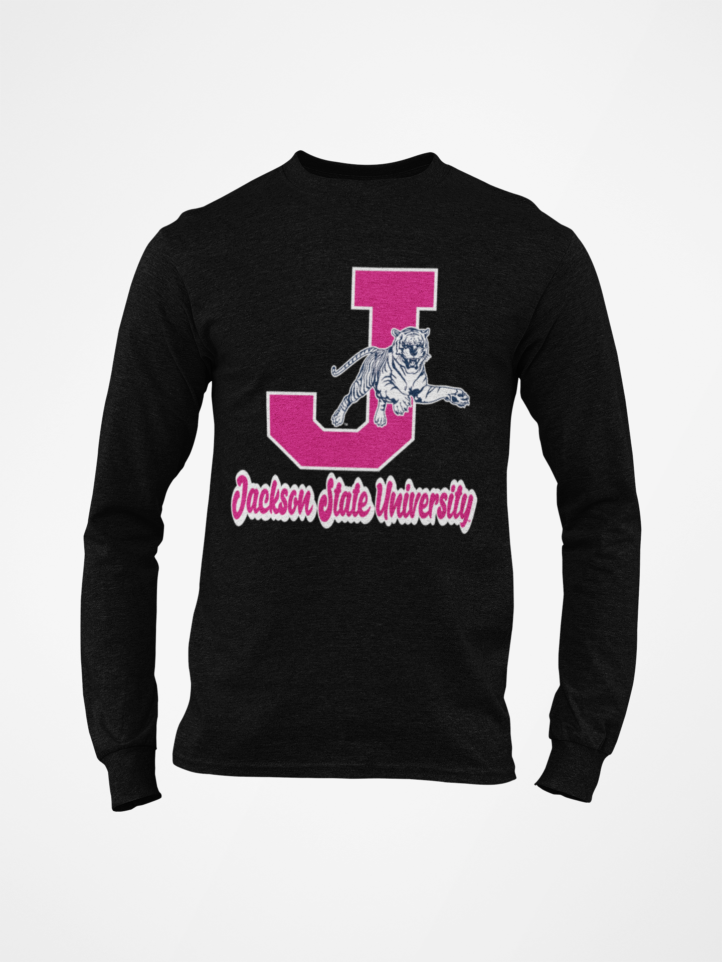 Black long-sleeve crew neck T-shirt with J leaping tiger and school text front print