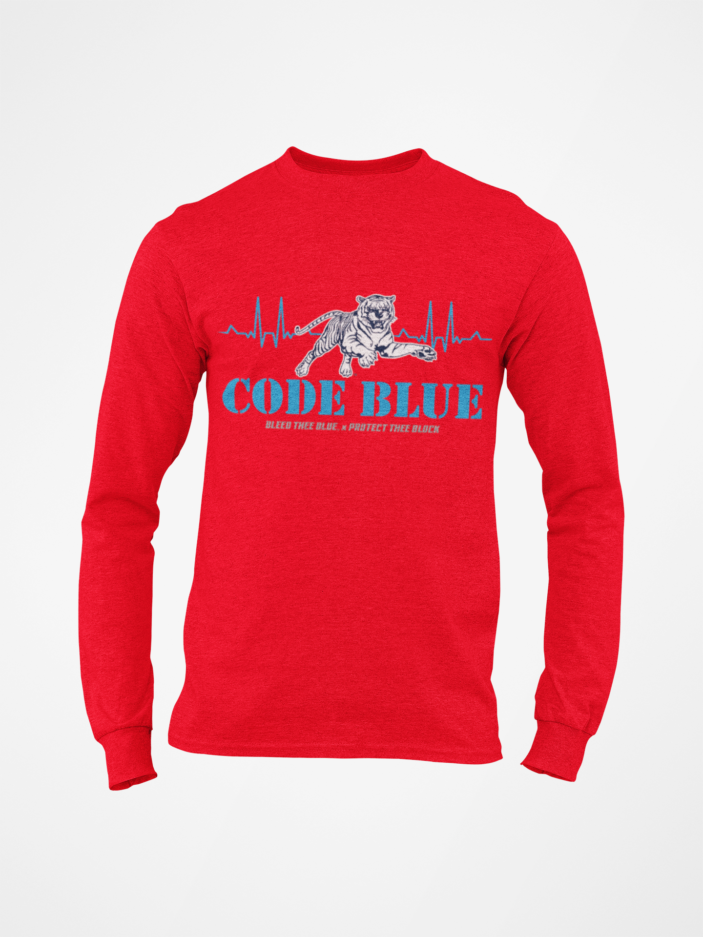 Red long sleeve crewneck T-shirt with “CODE BLUE” wolf heart-rate graphic