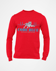 Red long sleeve crewneck T-shirt with “CODE BLUE” wolf heart-rate graphic