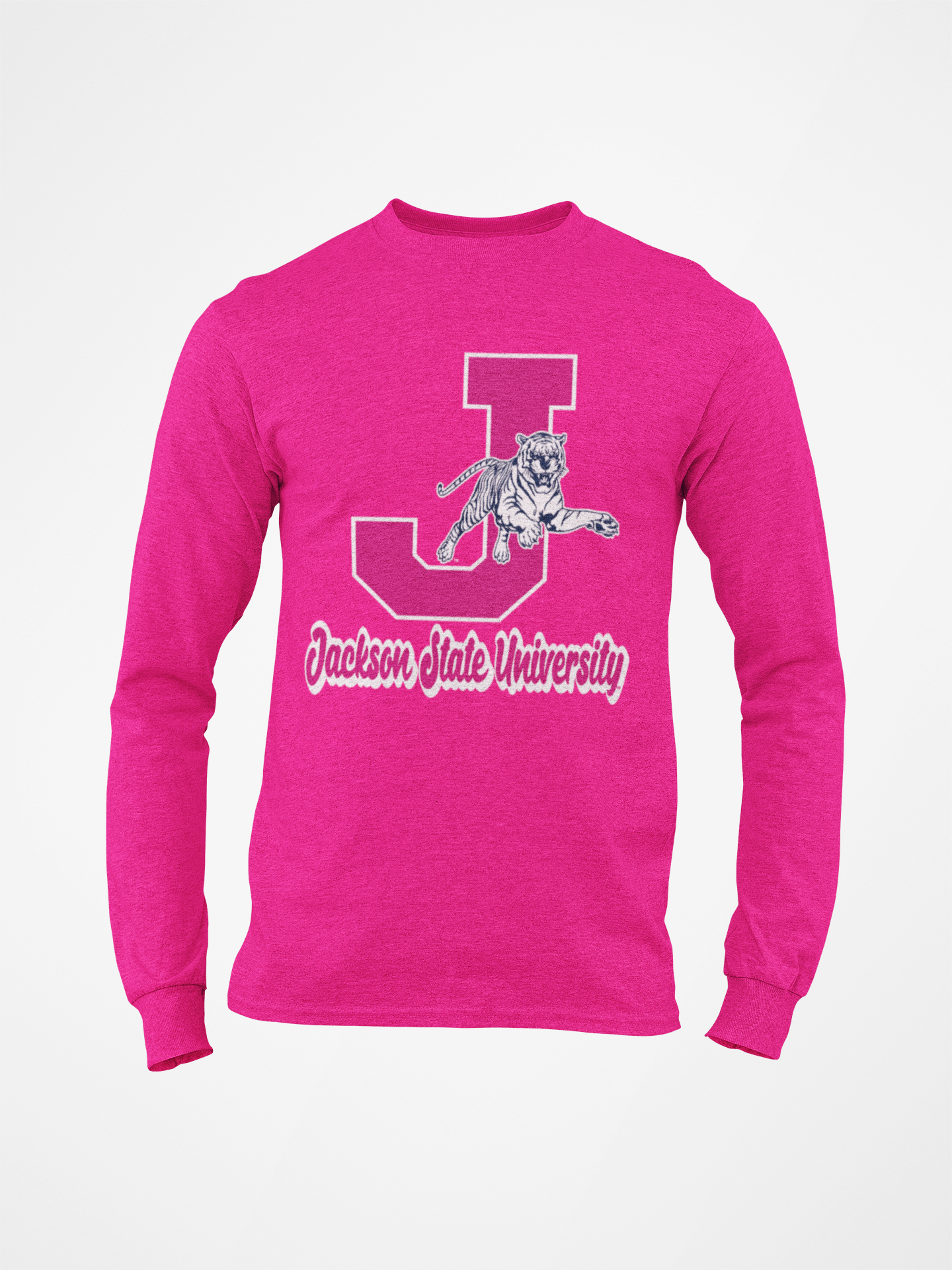 Hot pink long-sleeve crew neck T-shirt with J leaping tiger and school text front print