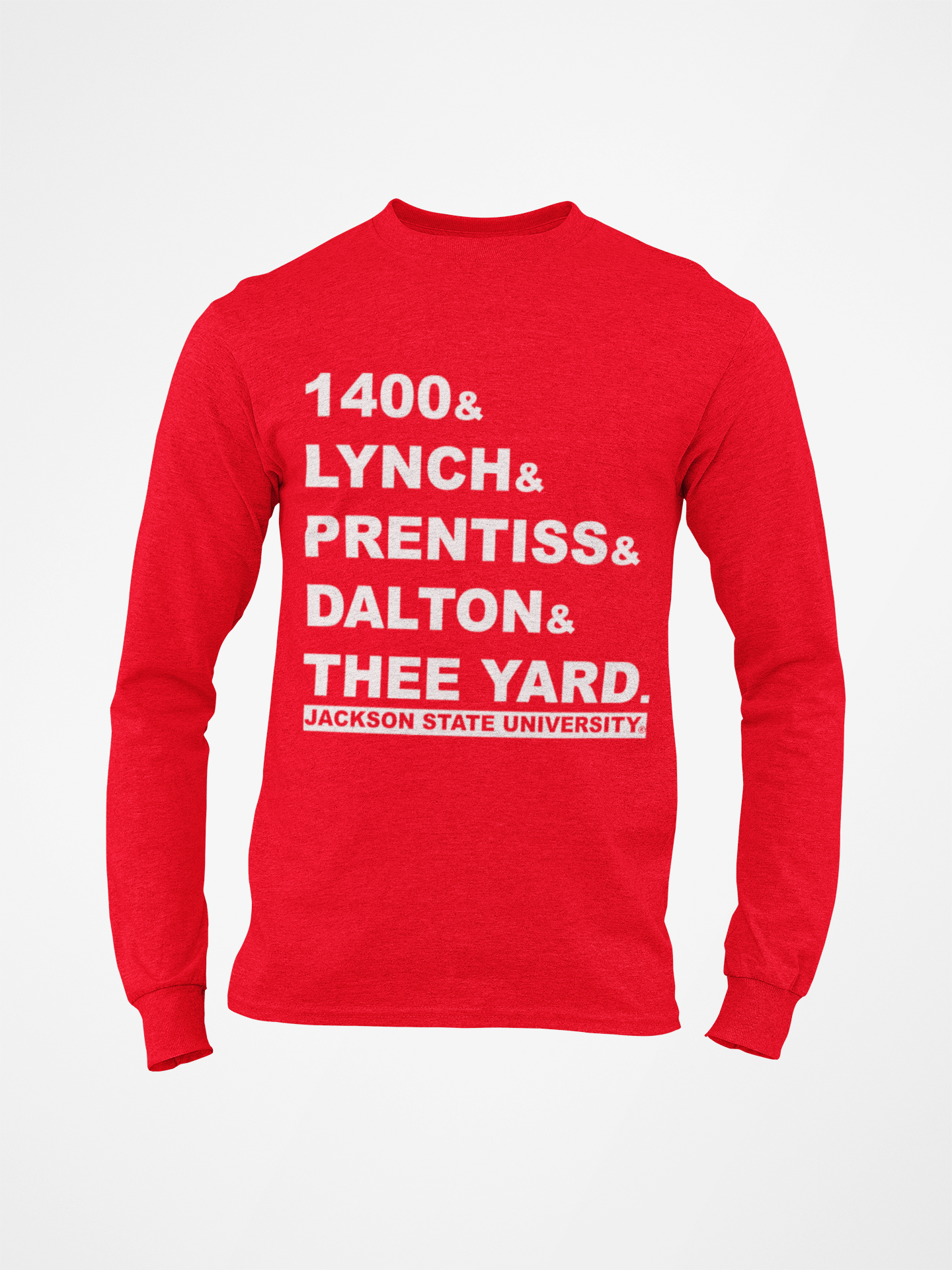 Red long-sleeve crew neck T-shirt with front block slogan graphic