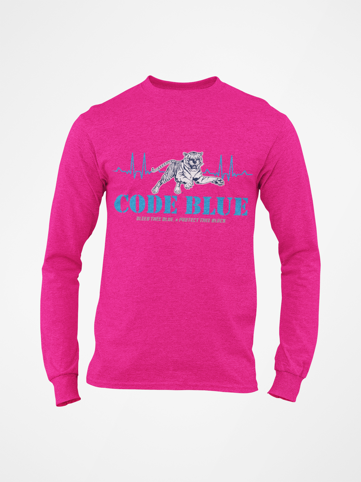 Pink long sleeve crewneck T-shirt with “CODE BLUE” wolf heart-rate graphic