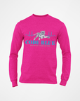 Pink long sleeve crewneck T-shirt with “CODE BLUE” wolf heart-rate graphic