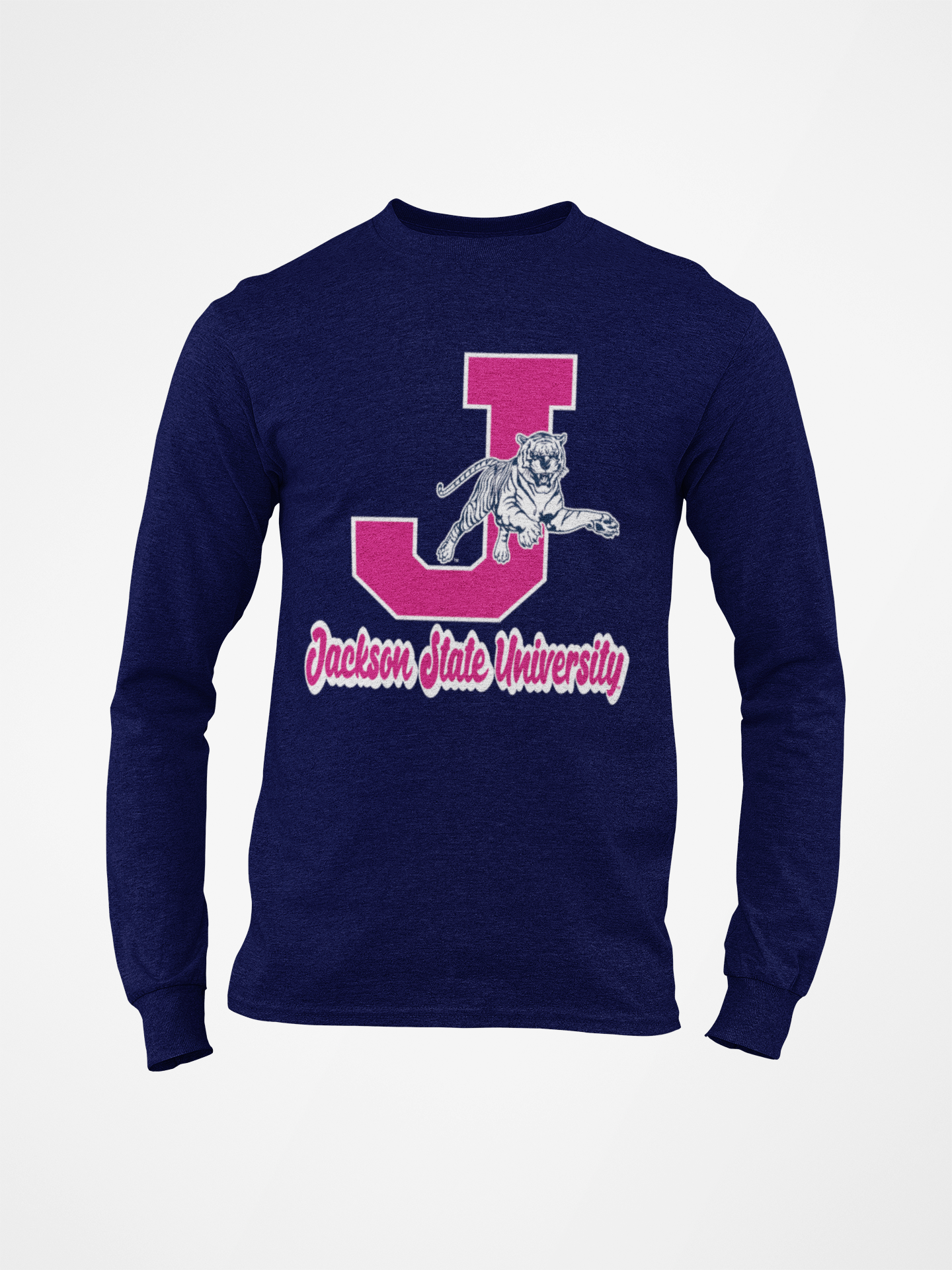 Navy blue long-sleeve crew neck T-shirt with large J and leaping tiger front graphic