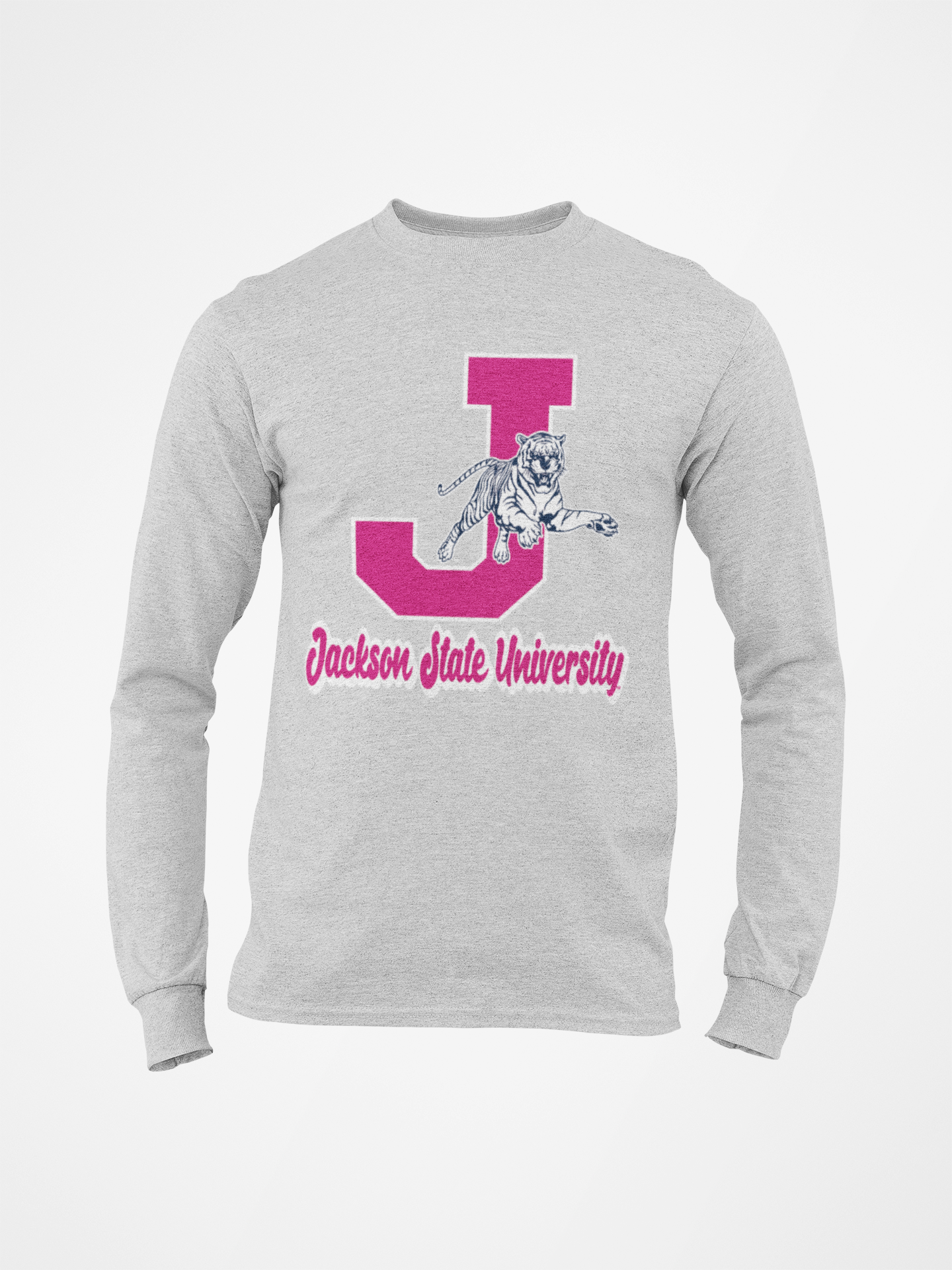 Athletic heather gray long-sleeve crew neck T-shirt with J leaping tiger front print