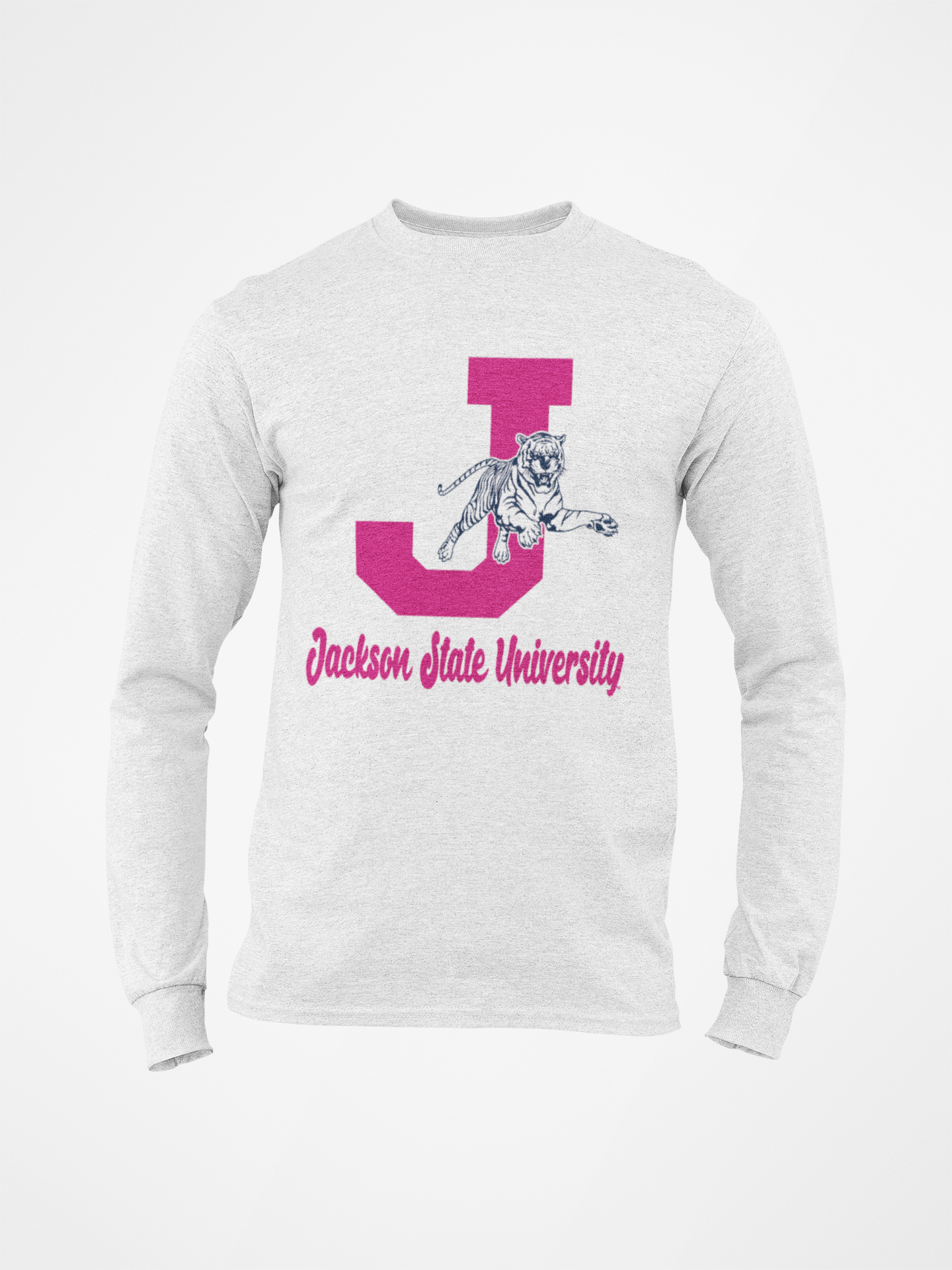 Athletic heather gray long-sleeve crew neck T-shirt with J leaping tiger and logo print