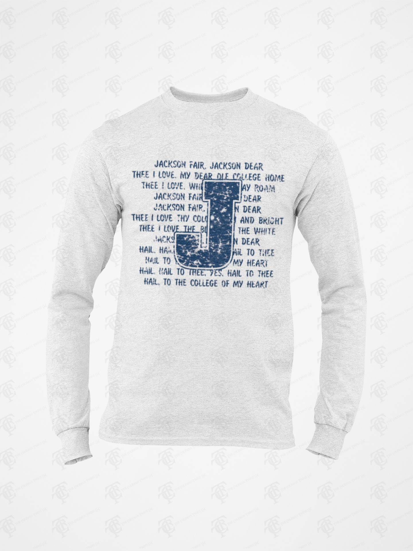 White long-sleeve crew neck T-shirt featuring a front typographic “Jackson Fair” graphic