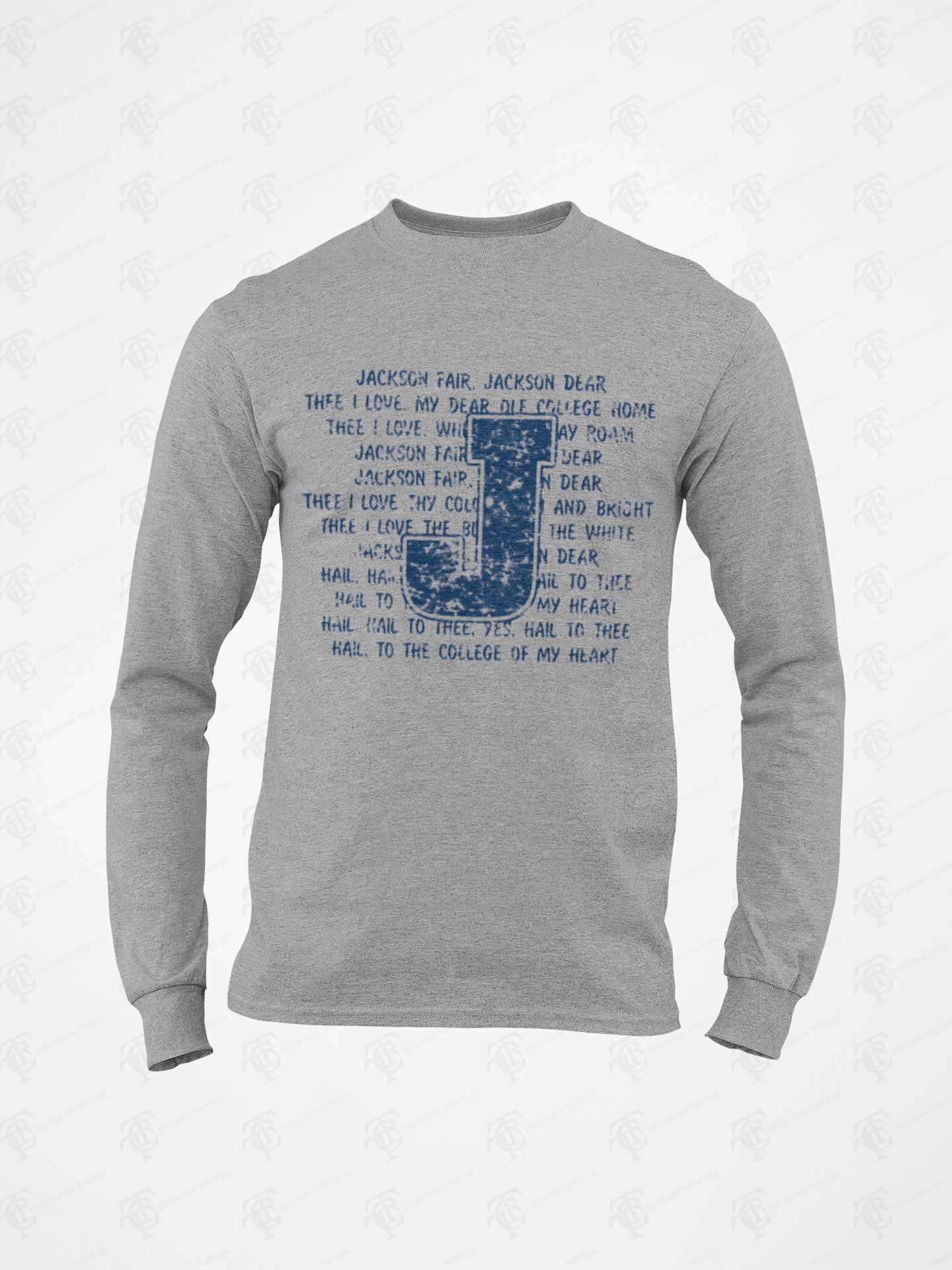 Gray long-sleeve crew neck T-shirt with a front typographic “Jackson Fair” graphic