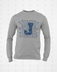 Gray long-sleeve crew neck T-shirt with a front typographic “Jackson Fair” graphic
