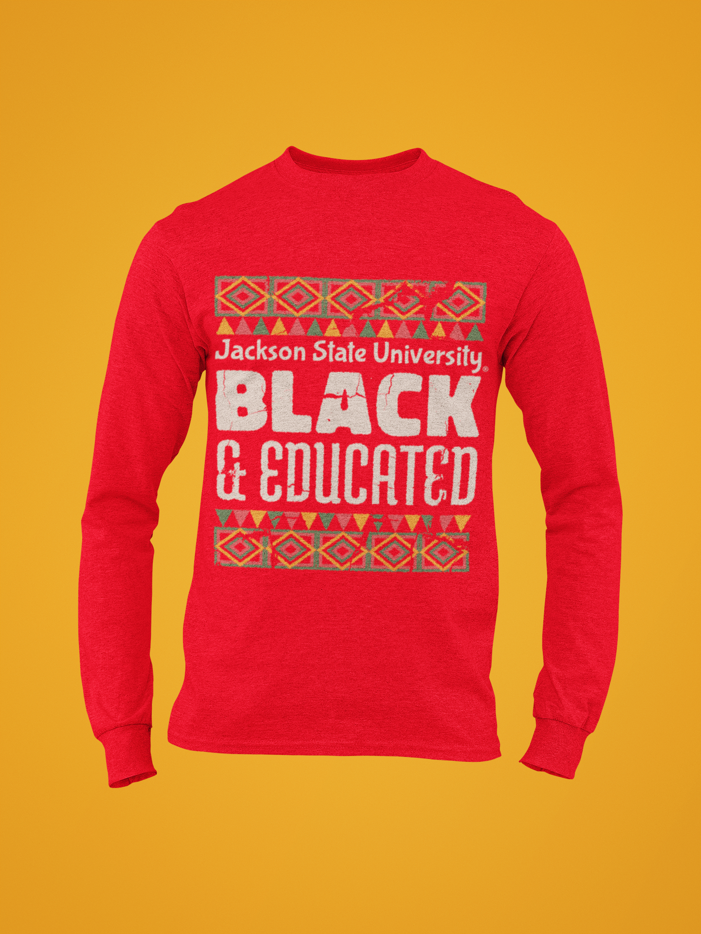 Red long sleeve crew neck T-shirt, chest print reads “BLACK &amp; EDUCATED”