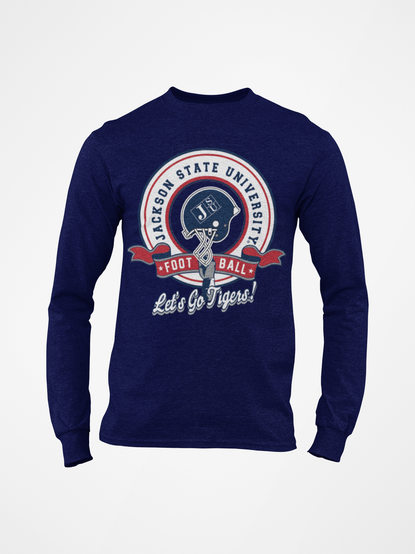 Youth navy crewneck long-sleeve T-shirt with large round university sports emblem