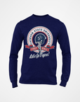 Youth navy crewneck long-sleeve T-shirt with large round university sports emblem