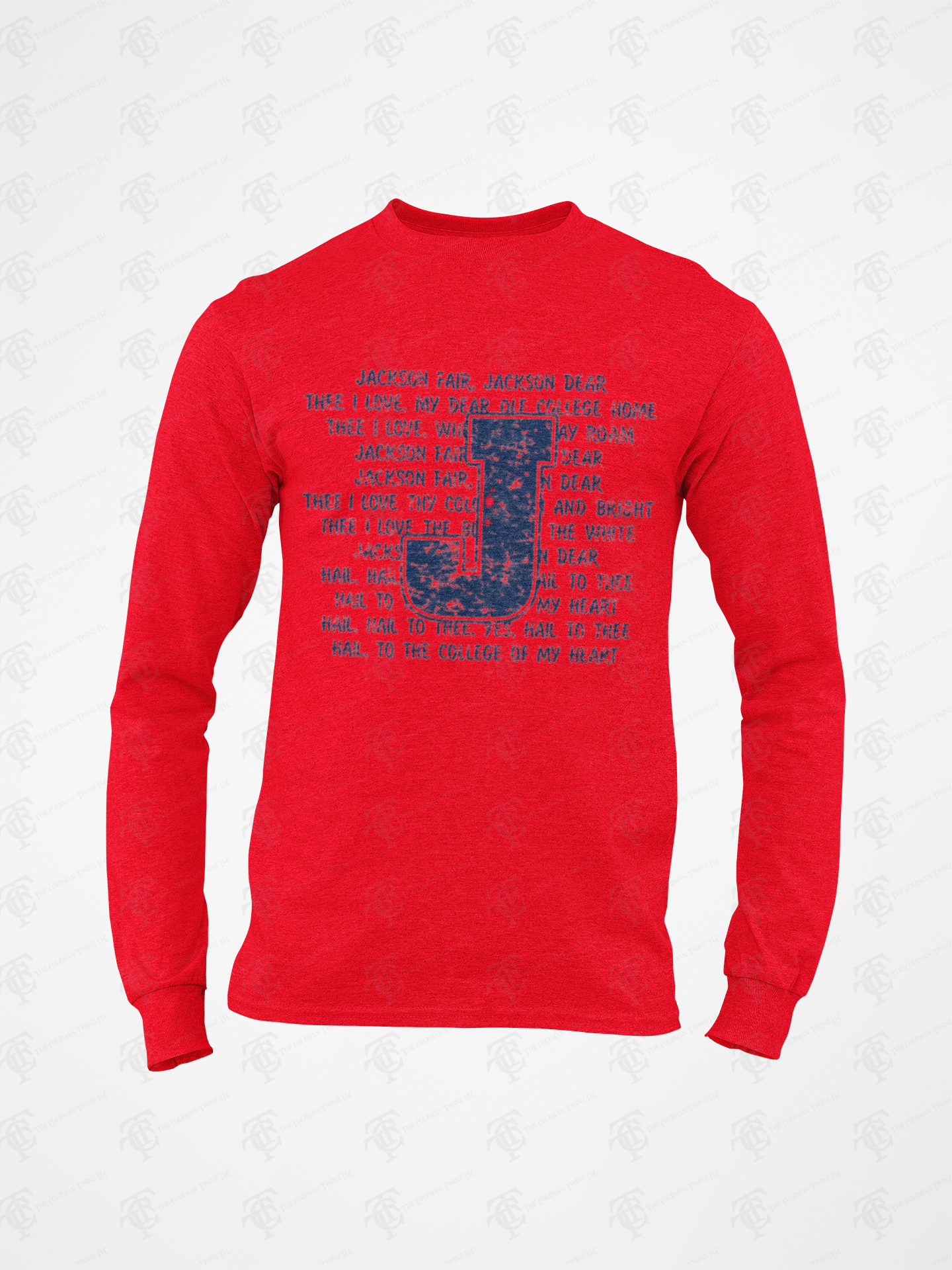 Red long-sleeve crew neck T-shirt with front typographic “Jackson Fair” graphic