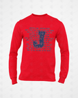 Red long-sleeve crew neck T-shirt with front typographic “Jackson Fair” graphic