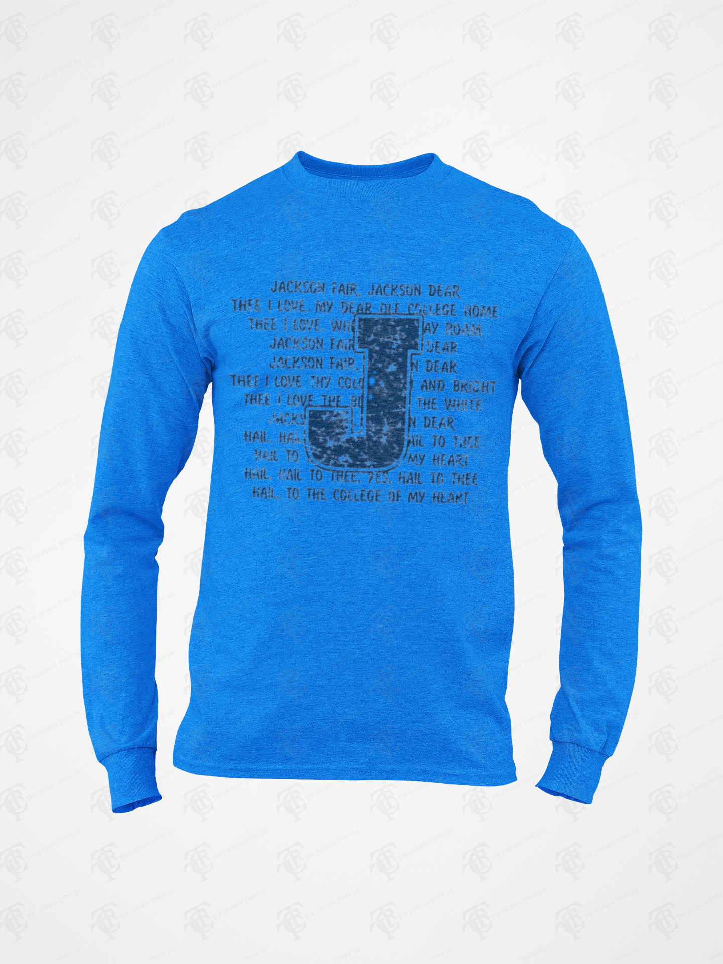Blue long-sleeve crew neck T-shirt with front typographic “Jackson Fair” graphic