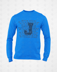 Blue long-sleeve crew neck T-shirt with front typographic “Jackson Fair” graphic