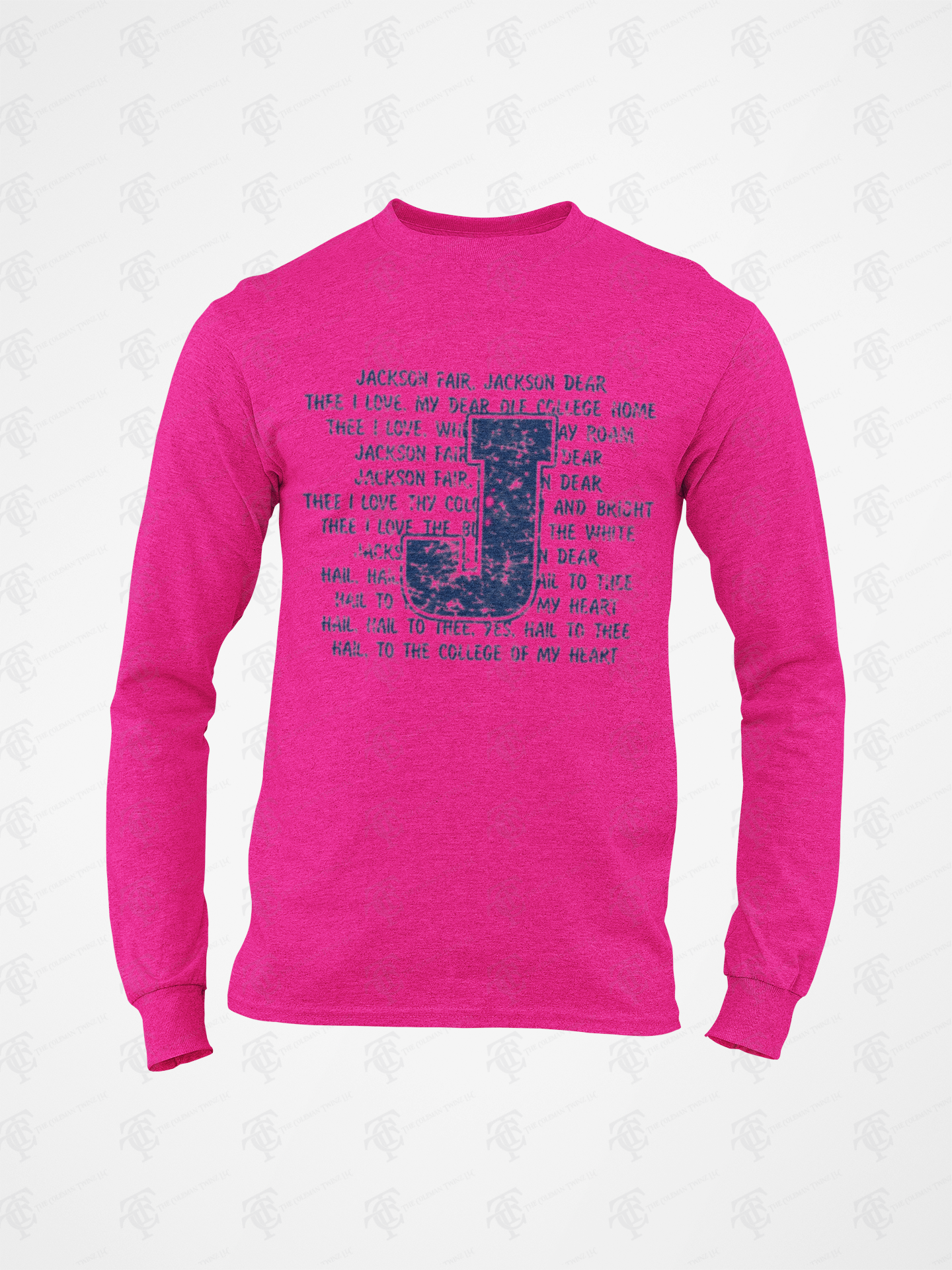 Pink long-sleeve crew neck T-shirt featuring a front typographic “Jackson Fair” graphic