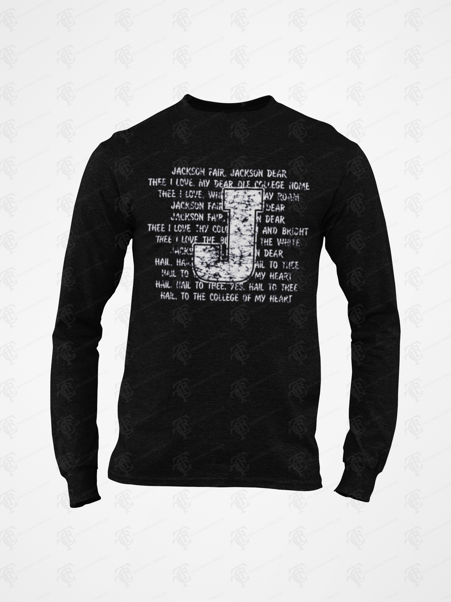 Black long-sleeve crew neck T-shirt with white typographic collage front graphic