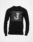 Black long-sleeve crew neck T-shirt with white typographic collage front graphic