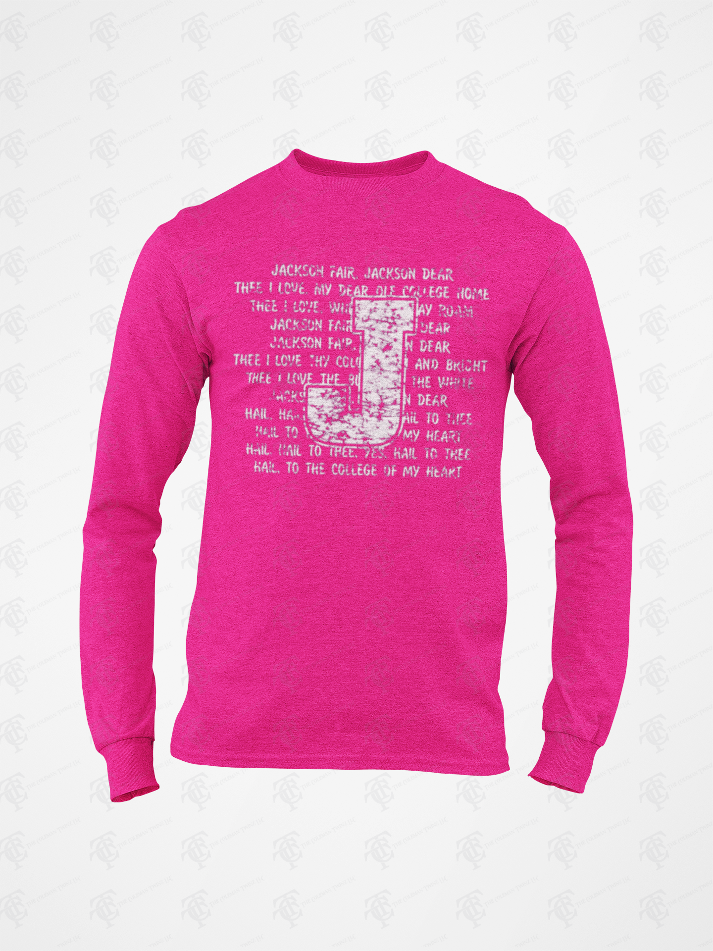 Pink long-sleeve crew neck T-shirt with white typographic collage front graphic