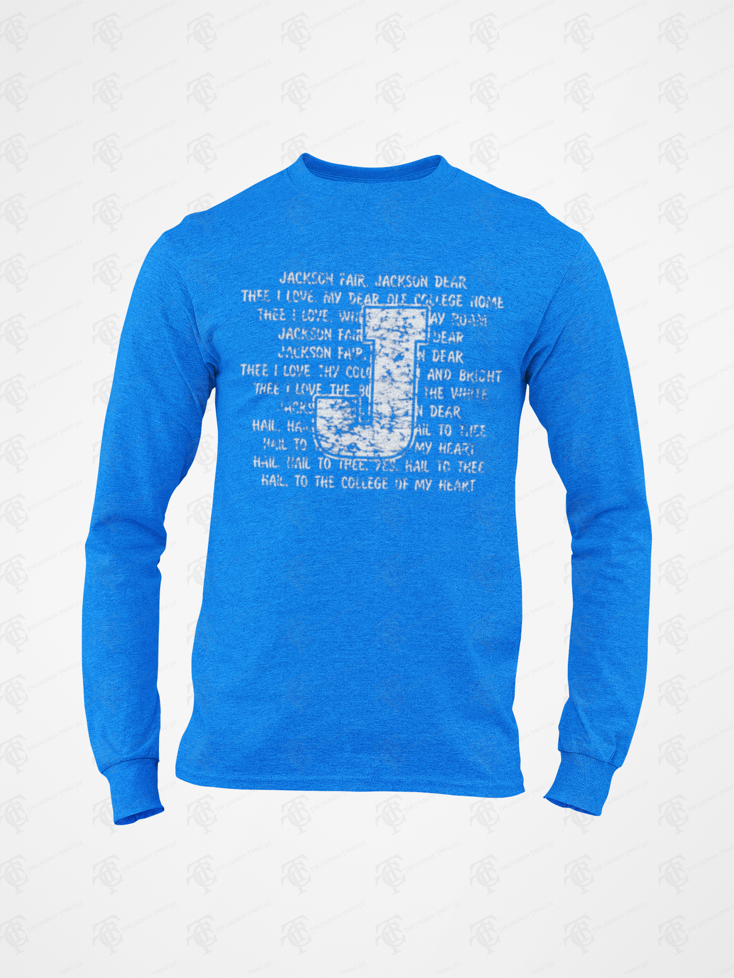 Royal blue long-sleeve crew neck T-shirt with white typographic collage front graphic