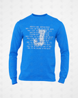 Royal blue long-sleeve crew neck T-shirt with white typographic collage front graphic