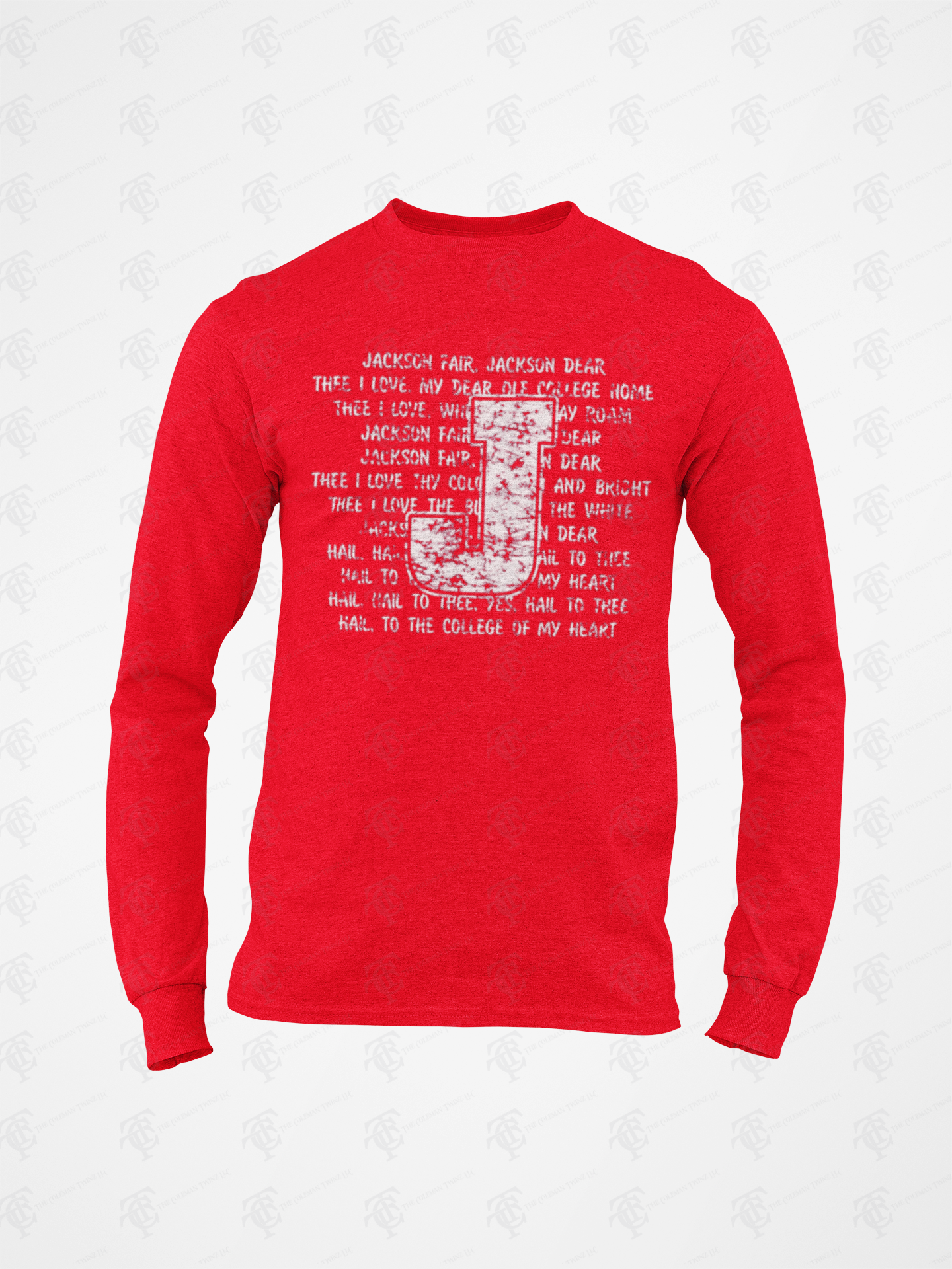 Red long-sleeve crew neck T-shirt with white typographic collage front graphic