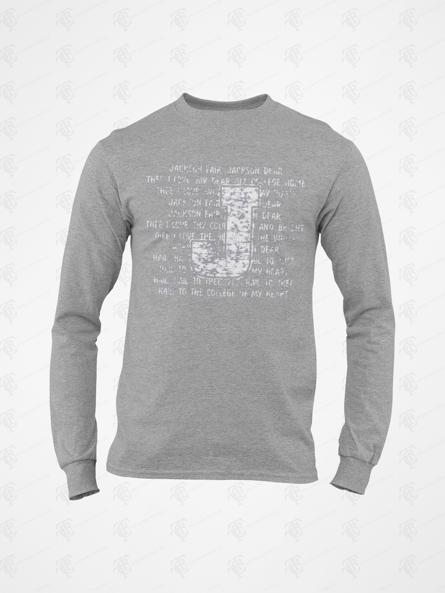 Heather gray long-sleeve crew neck T-shirt with white typographic collage front
