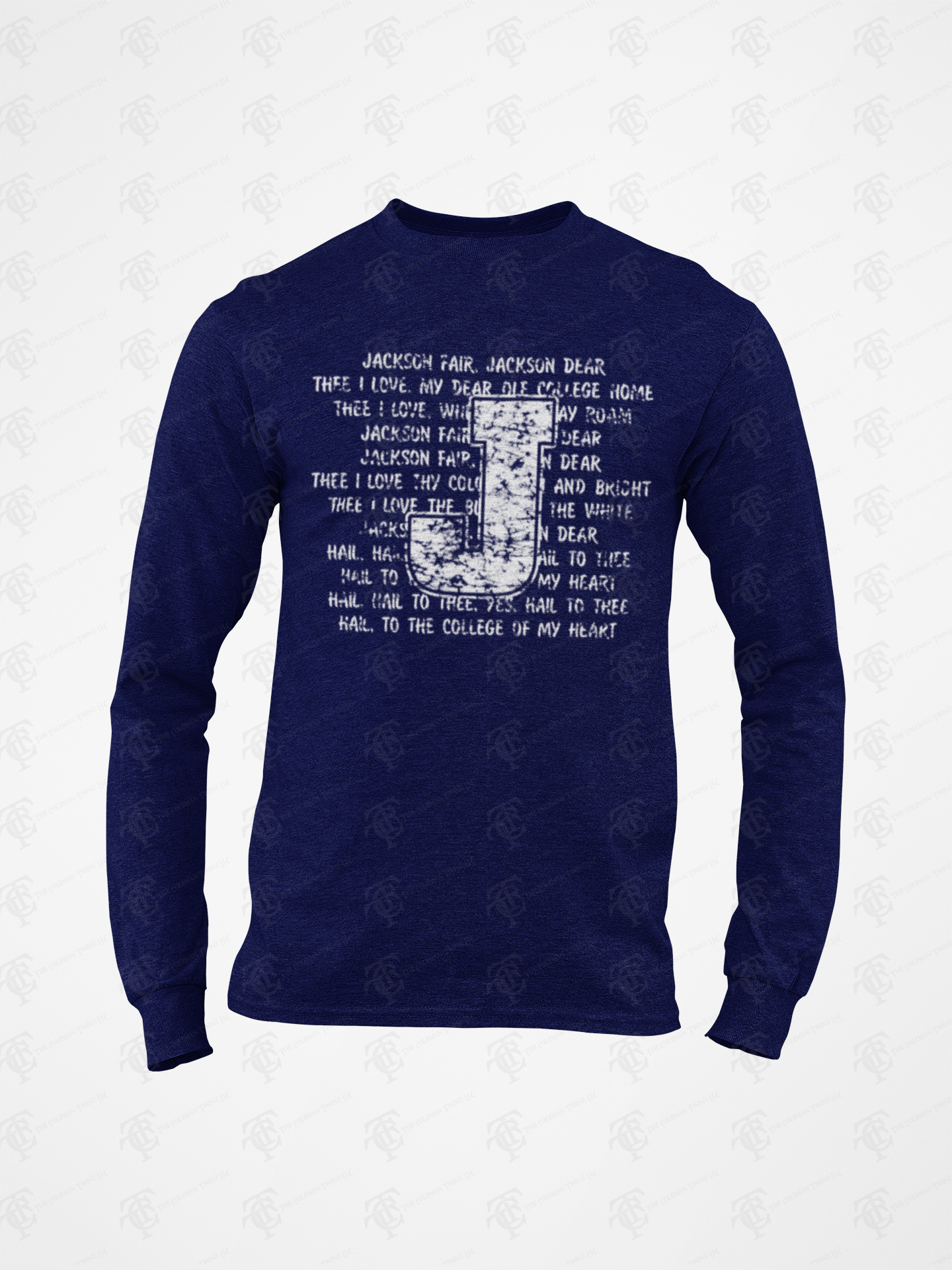 Navy long-sleeve crew neck T-shirt with white typographic collage front graphic