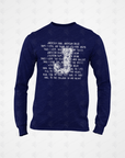 Navy long-sleeve crew neck T-shirt with white typographic collage front graphic
