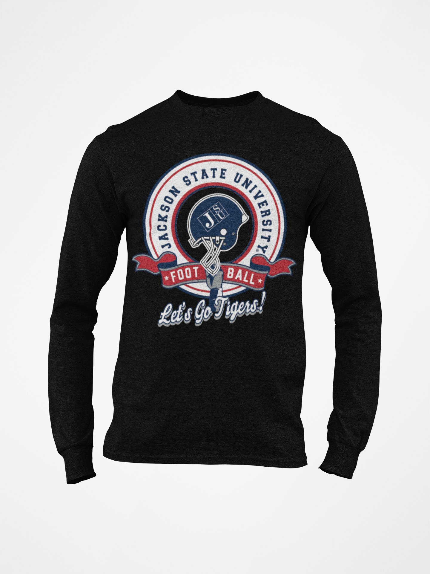 Youth black crewneck long-sleeve T-shirt with university sports logo and 'Let's Go Tigers!'