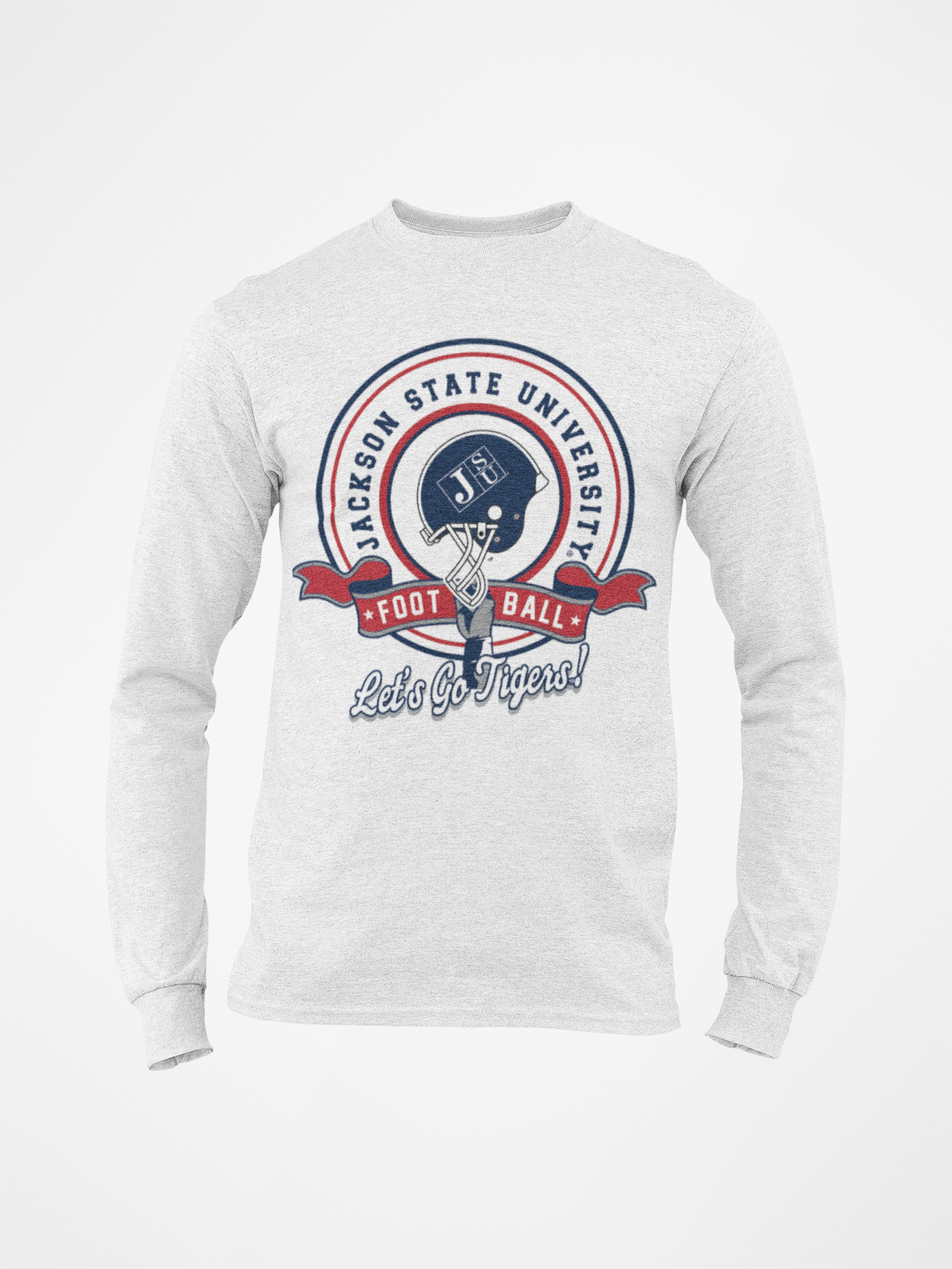 White toddler long sleeve crewneck T-shirt with circular school sports logo