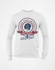 White toddler long sleeve crewneck T-shirt with circular school sports logo