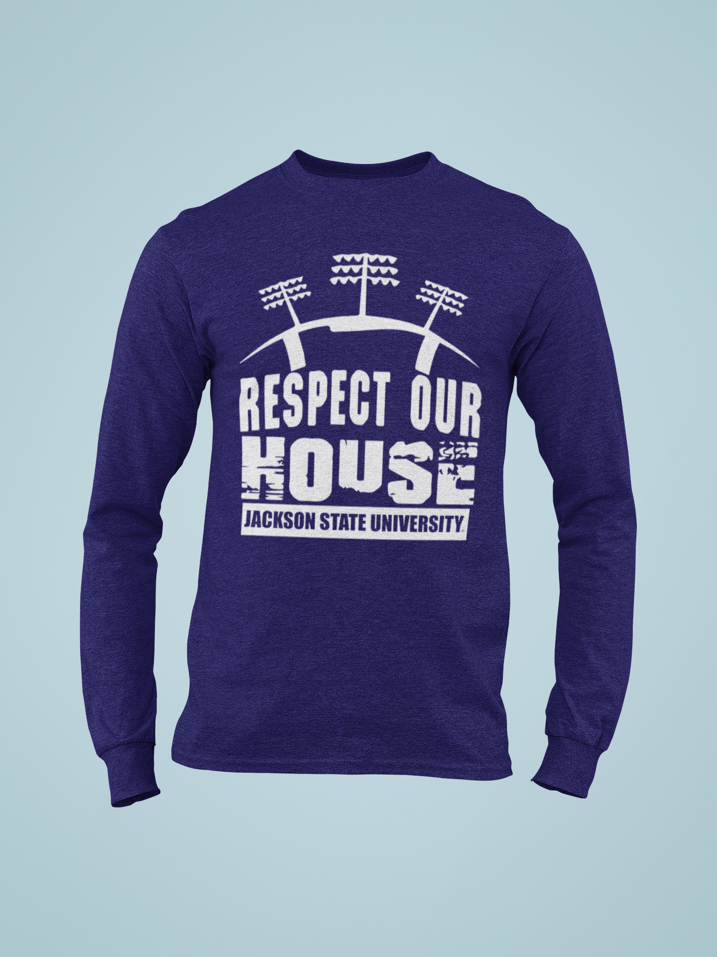Navy long-sleeve T-shirt with 'Respect Our House' puff print and Jackson State University