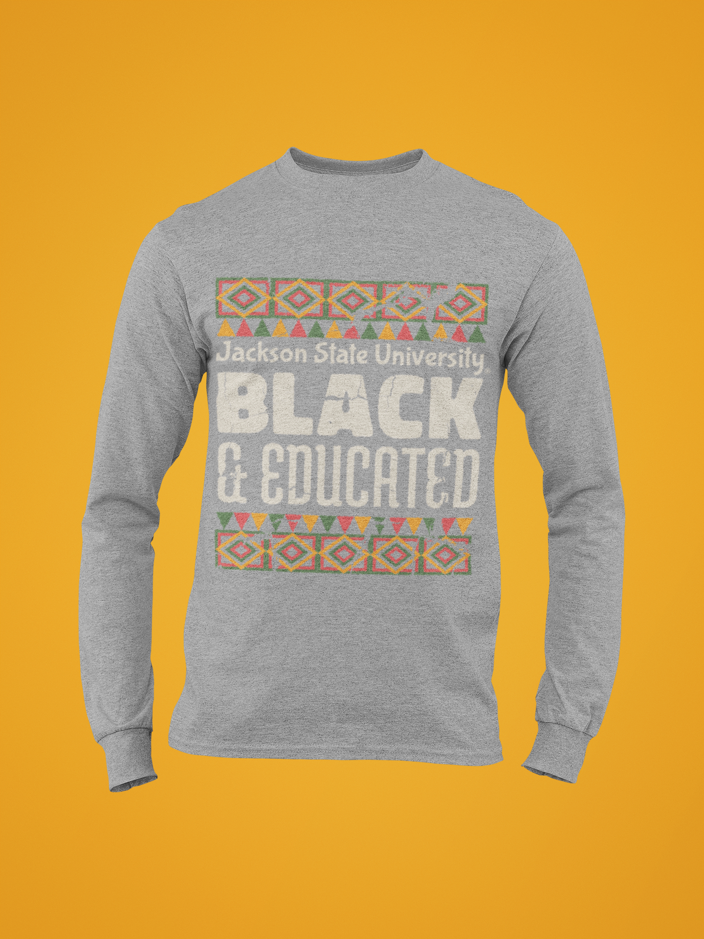 Athletic heather grey long sleeve crew neck T-shirt with “Black &amp; Educated” print