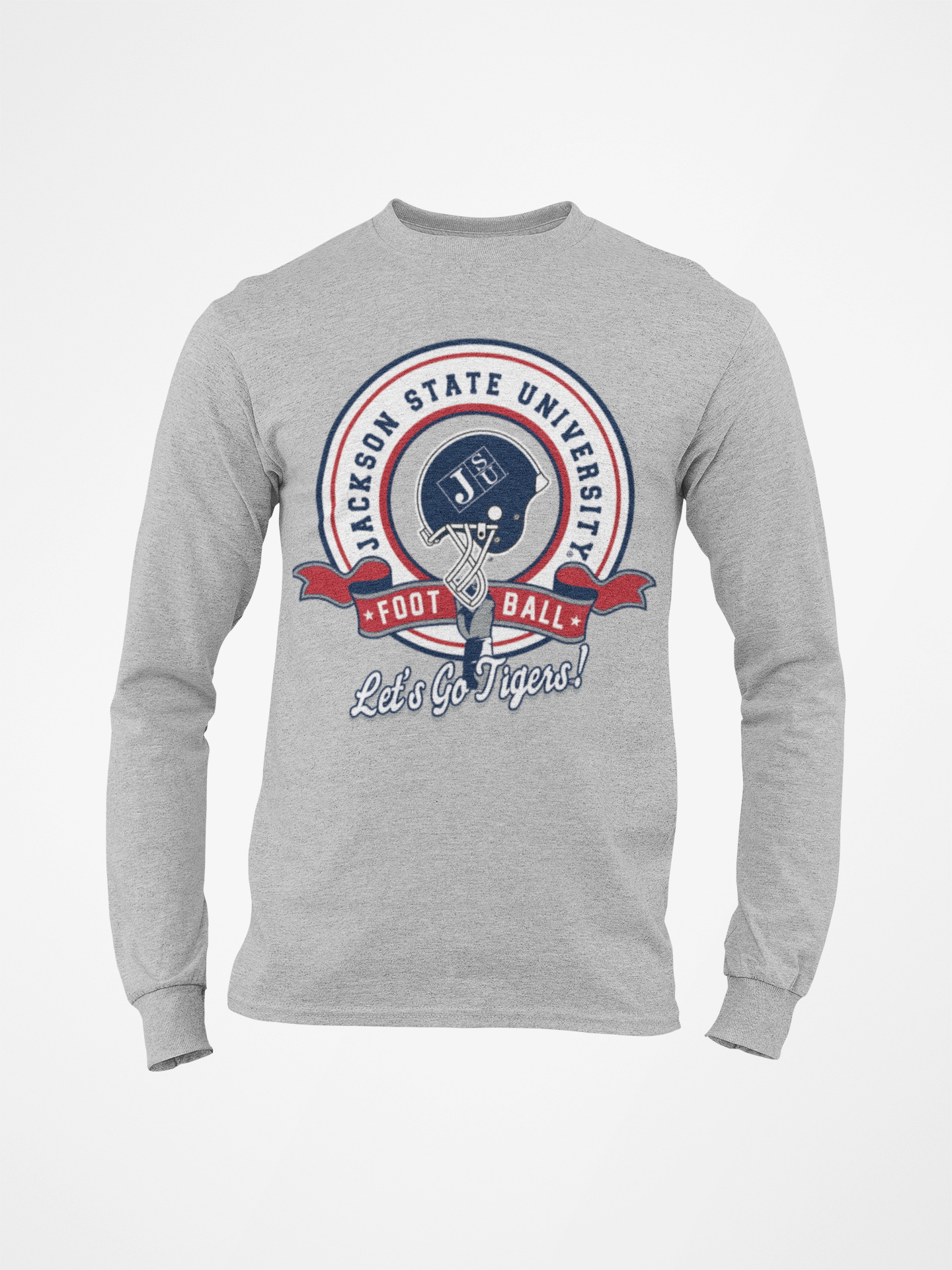 Athletic heather gray long sleeve crew neck t-shirt with Jackson State football graphic