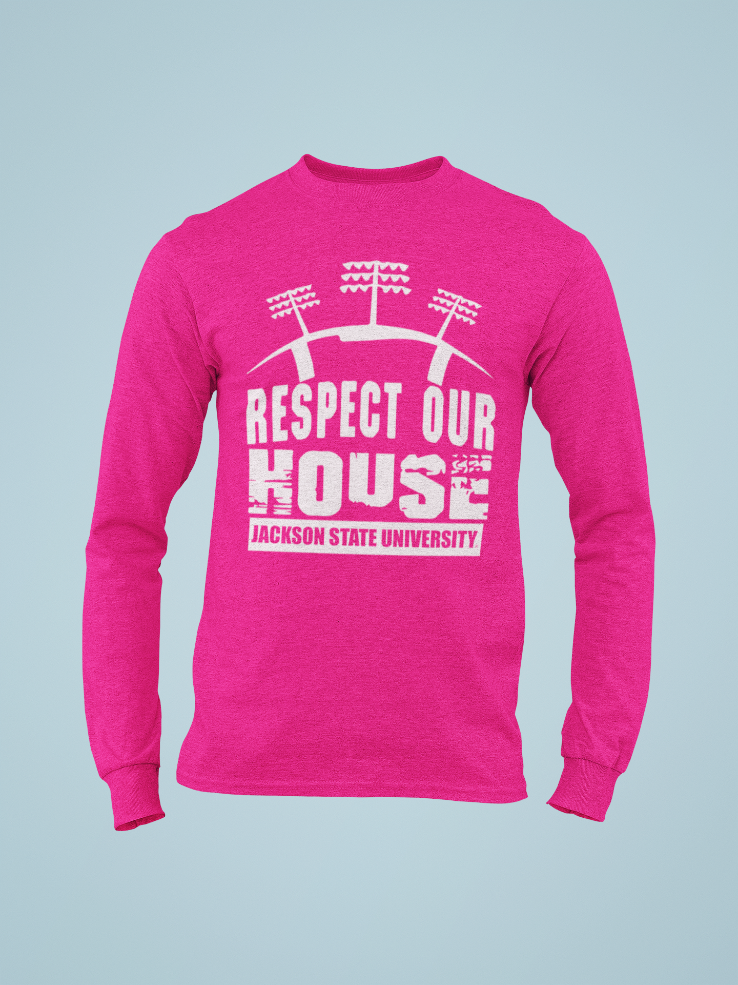 Pink long-sleeve T-shirt with 'Respect Our House' puff print and Jackson State University