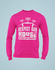 Pink long-sleeve T-shirt with 'Respect Our House' puff print and Jackson State University