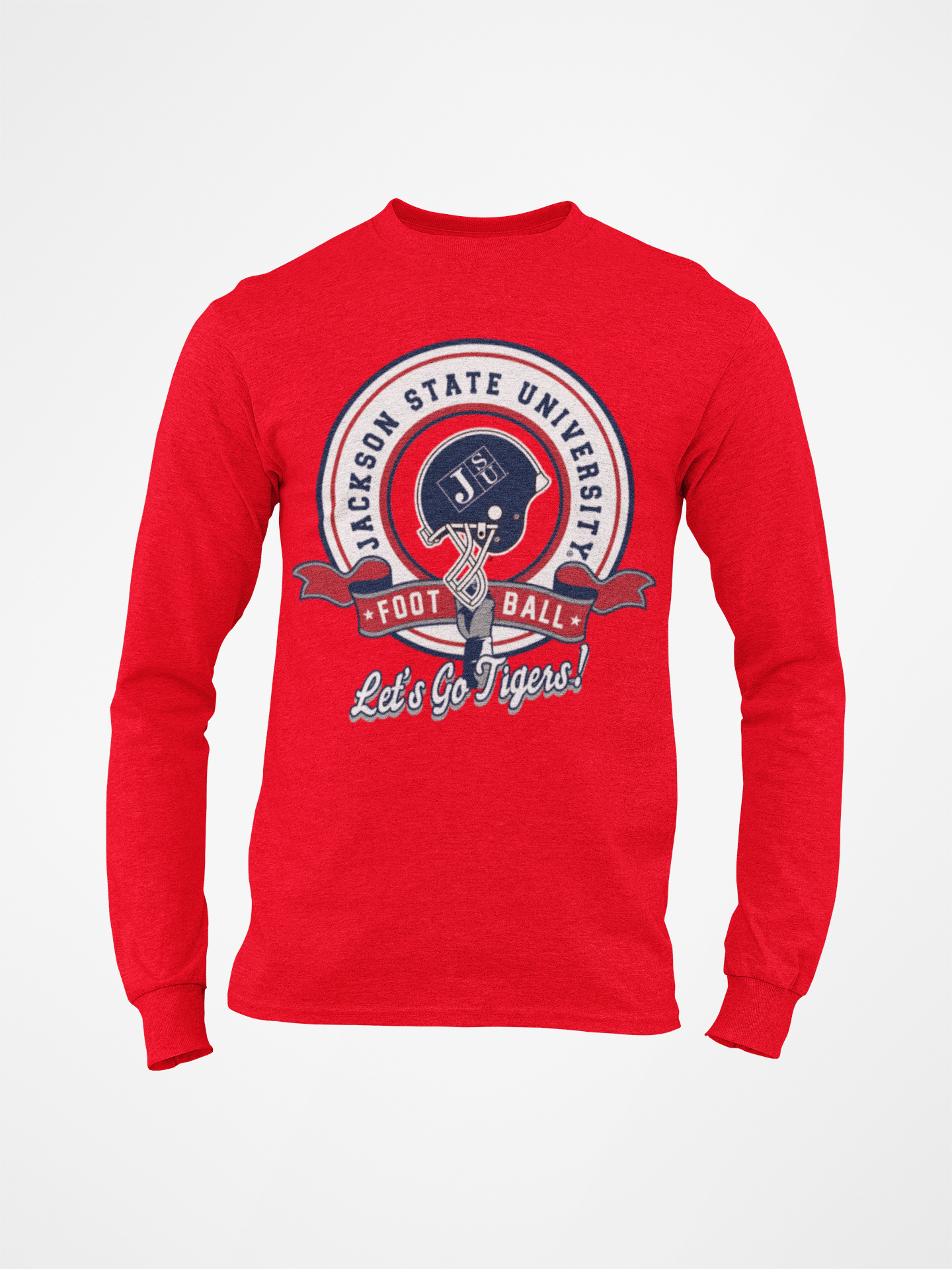 Red long sleeve crew neck t-shirt with Jackson State University football graphic