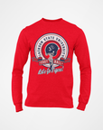 Red toddler long sleeve crewneck T-shirt with circular school sports logo and slogan