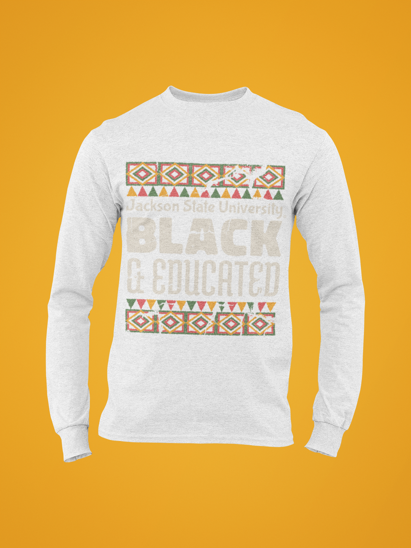 White long sleeve crew neck T-shirt with “Black &amp; Educated” graphic on chest