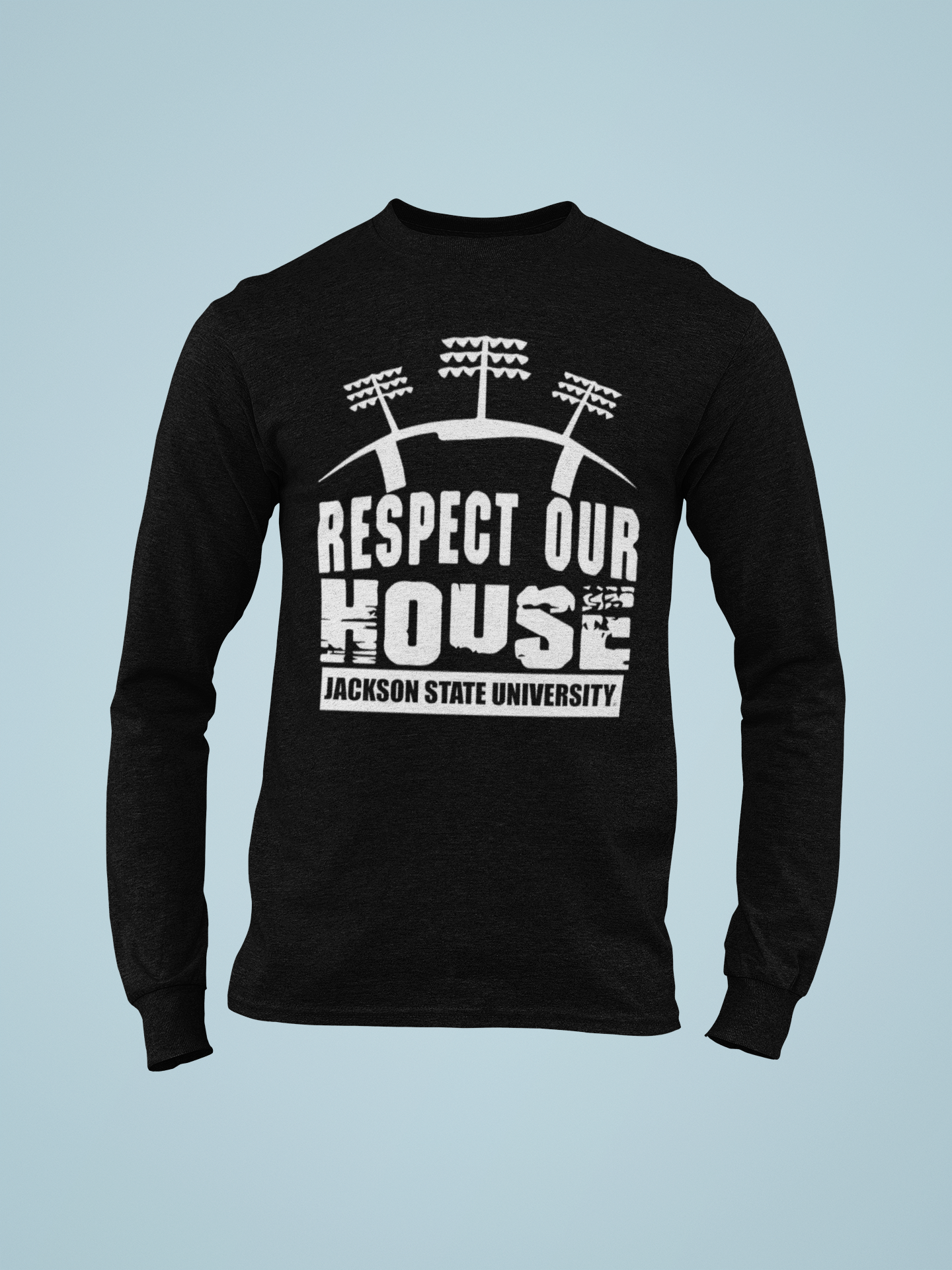 Black long-sleeve T-shirt with 'Respect Our House' puff print and Jackson State University