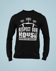 Black long-sleeve T-shirt with 'Respect Our House' puff print and Jackson State University