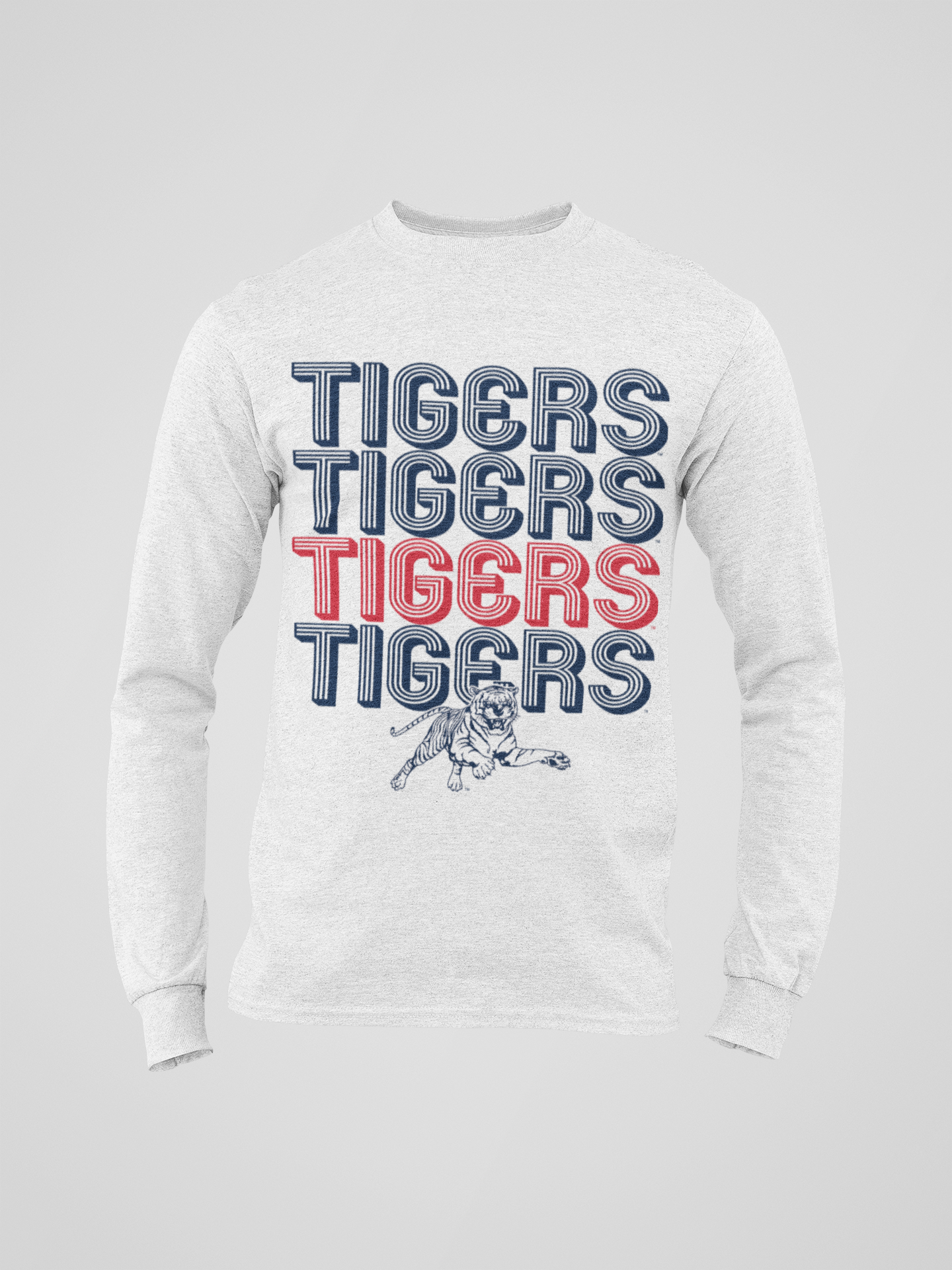 White youth long sleeve crewneck T-shirt with stacked Tigers logo graphic