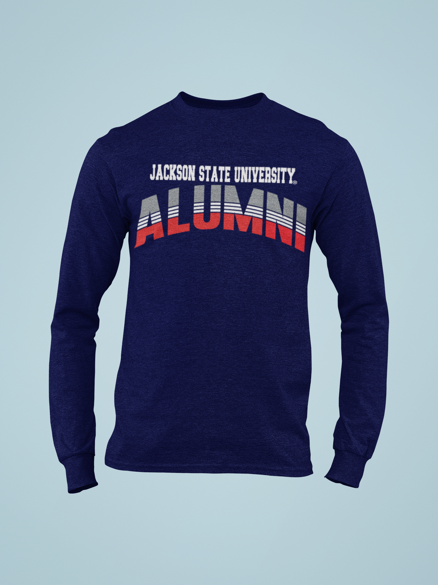 Navy long sleeve crew neck T-shirt with 'Jackson State University' alumni graphic