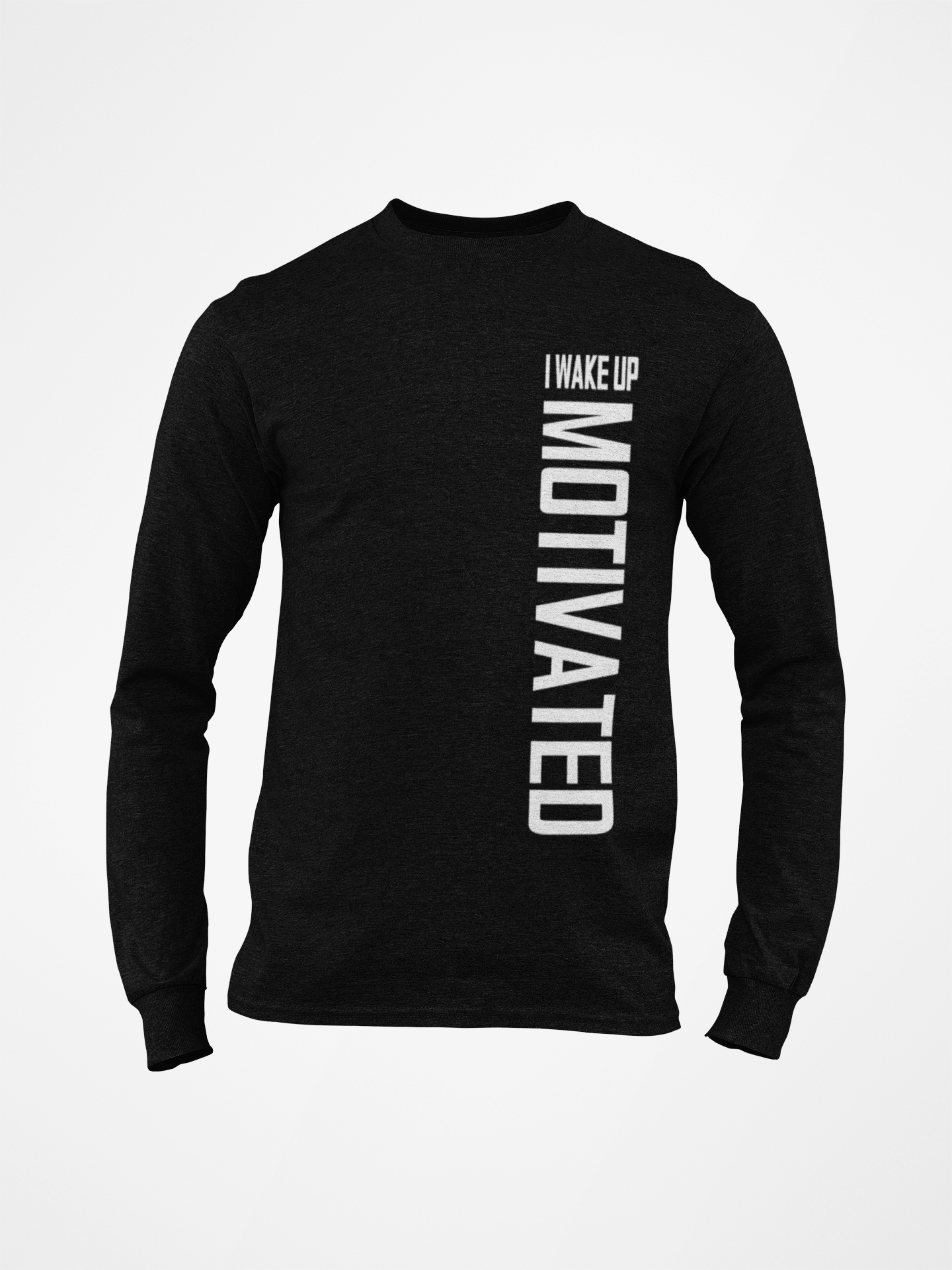 Black long sleeve crewneck T-shirt, front vertical white slogan graphic