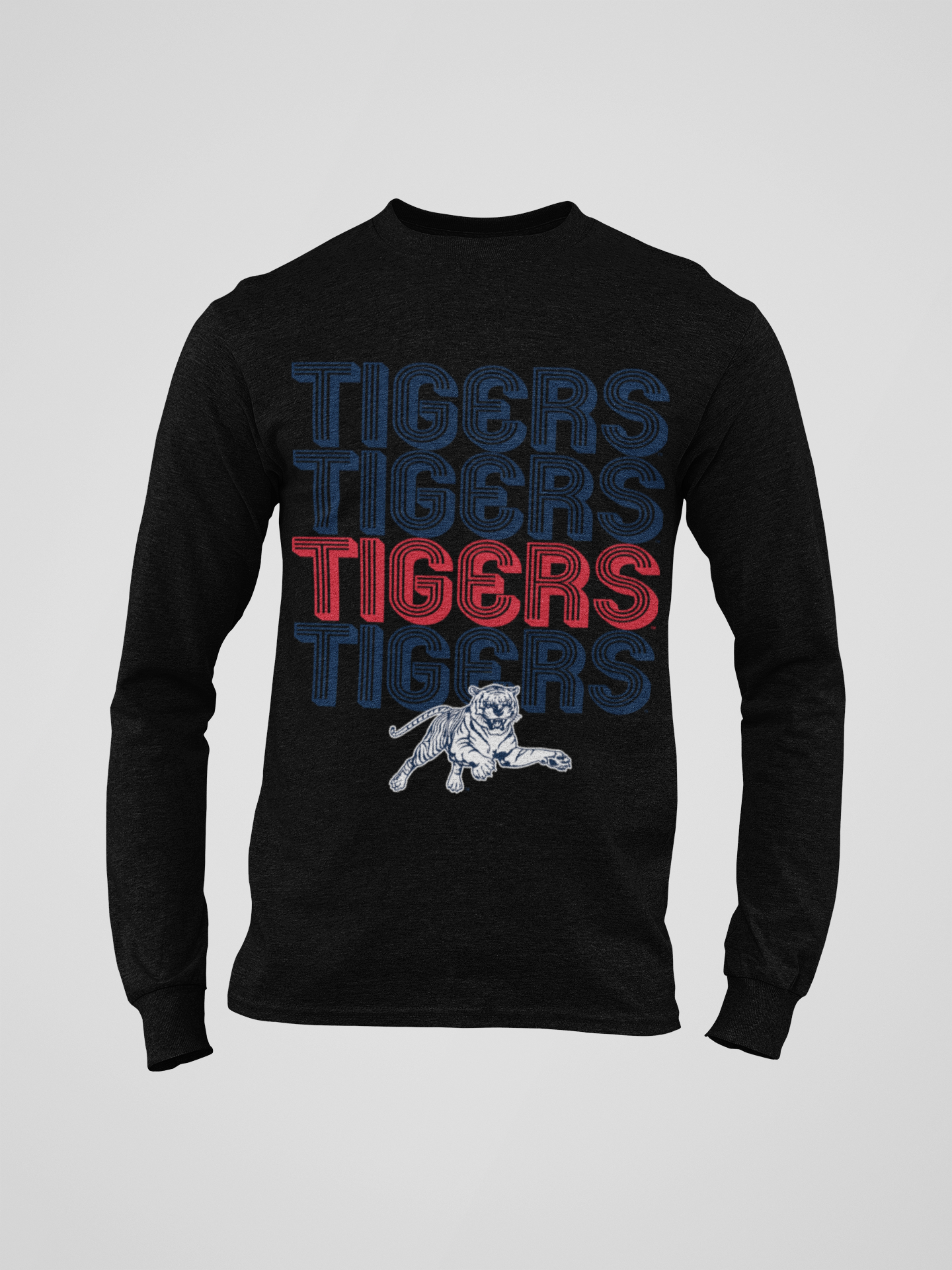 Black youth long sleeve crewneck T-shirt with stacked Tigers logo graphic