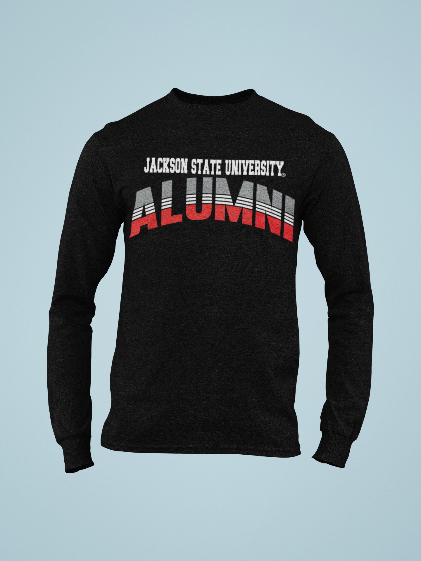 Black long sleeve crew neck T-shirt with alumni graphic and 'Jackson State University'